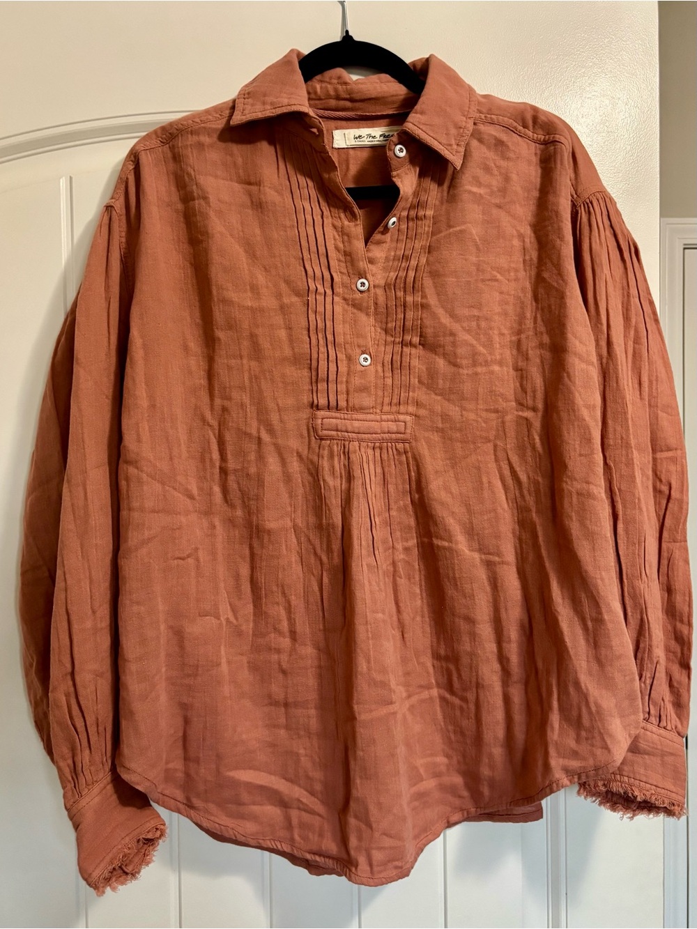 We The Free Rust Button-Up Pintuck Peasant Blouse